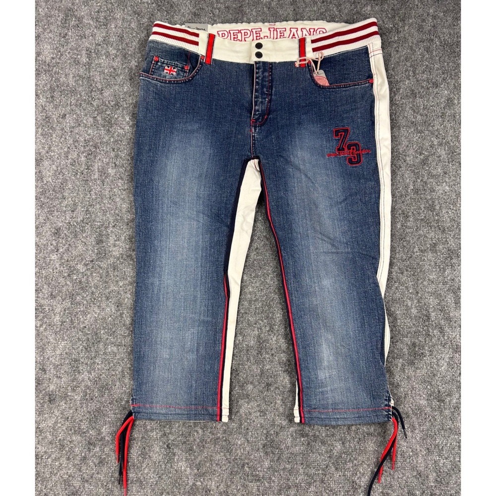 VTG Pepe Jeans London Two Tone White Blue Cropped Denim Jeans Size 31 NWT